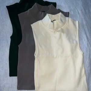 3 Tops - ZARA Sleeveless Mock Neck Tops - Cream, Gray, Dark Green